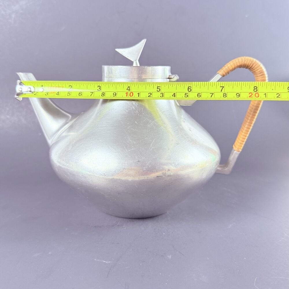 Reed & Barton Pewter MCM Coffee Tea Pot Set Danish Modern Rattan Handle Atomic - Picture 10 of 16